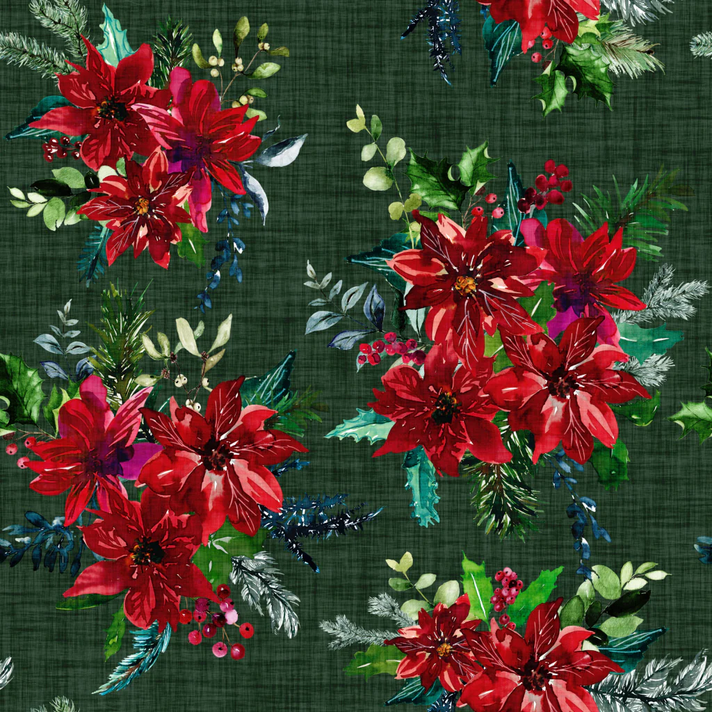 Christmas Cheer Florals on Evergreen Linen
