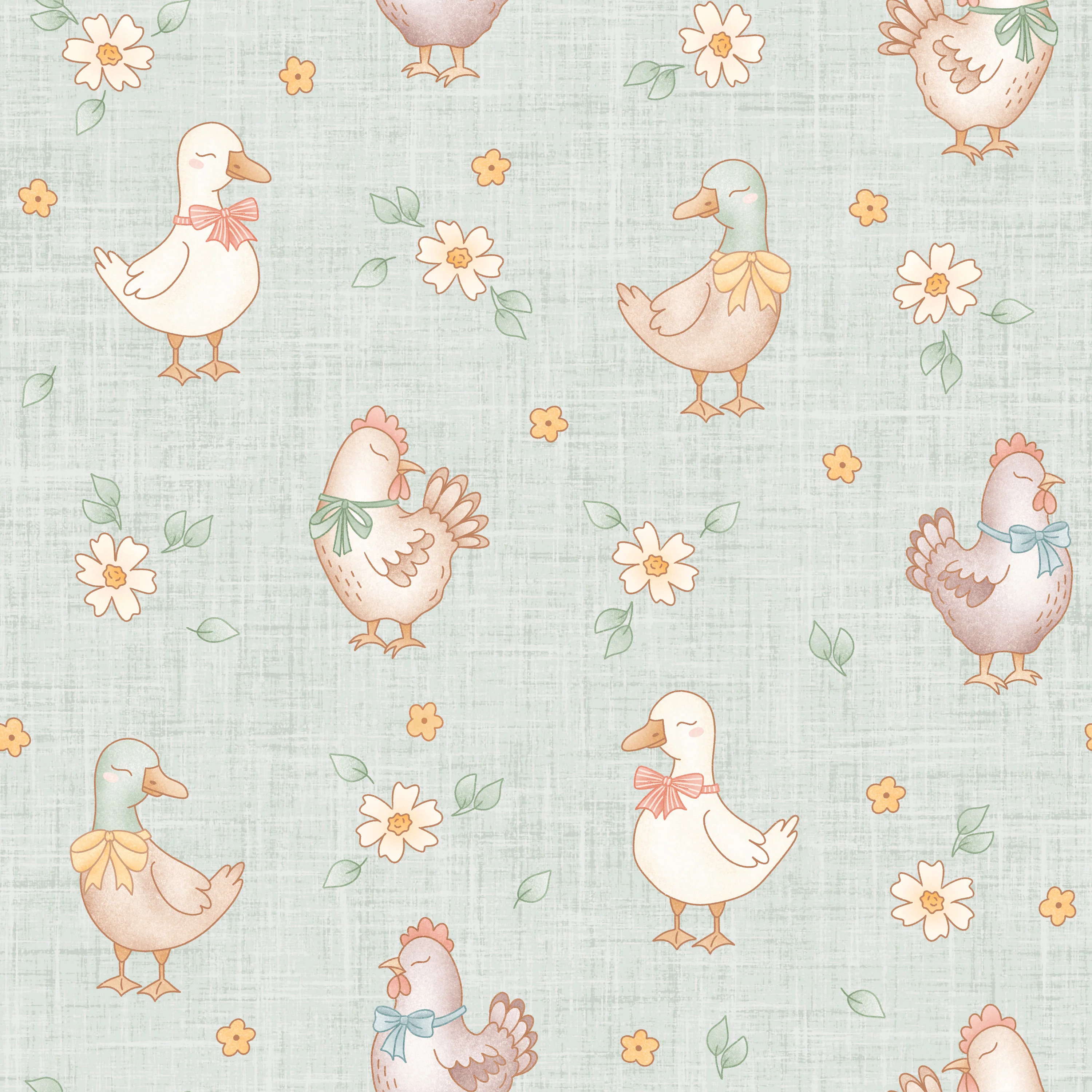 Farmyard Chickens and Ducks Floral Mint