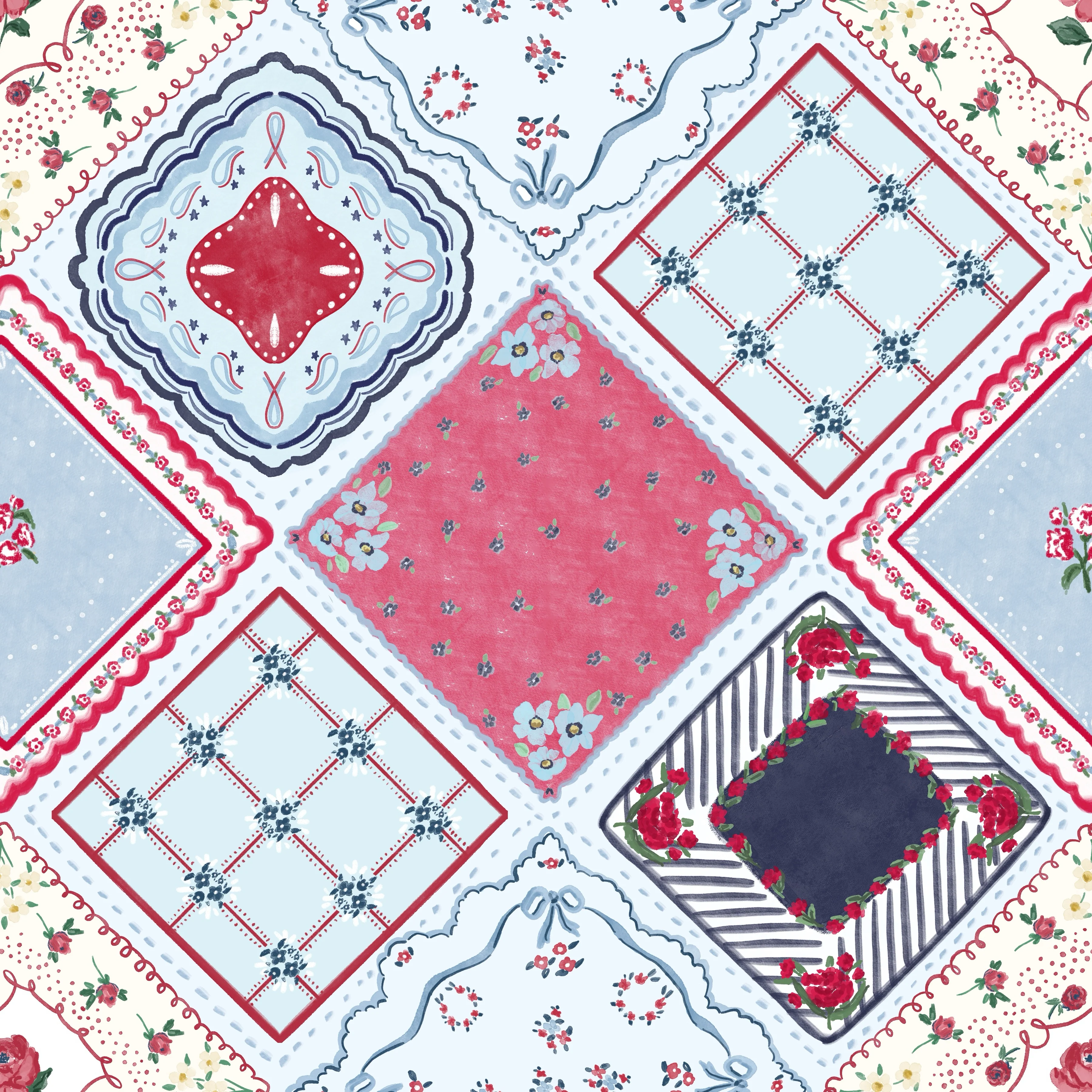 Floral keepsake handkerchief quilt no flag It blue