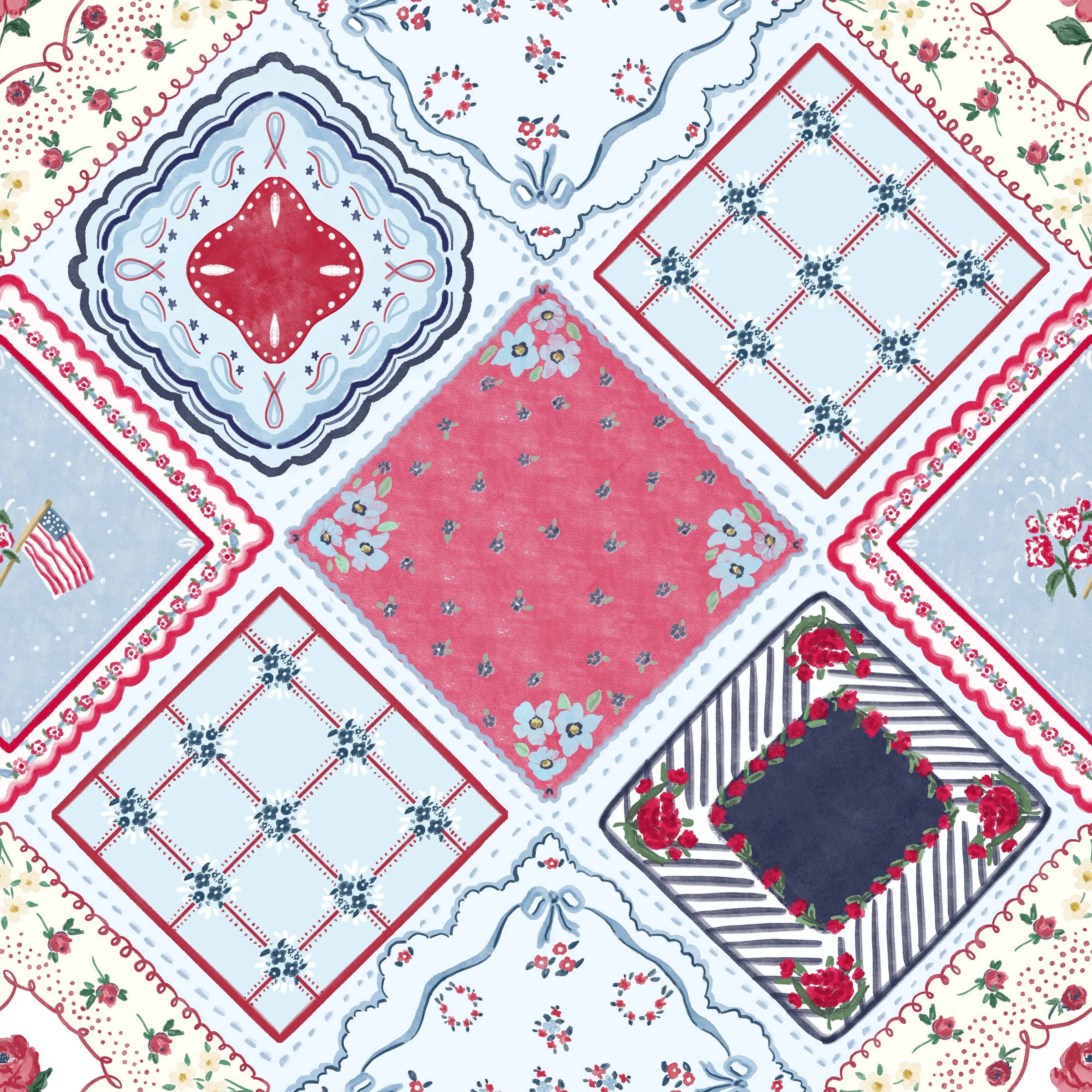 Floral keepsake handkerchief quilt w flag It blue