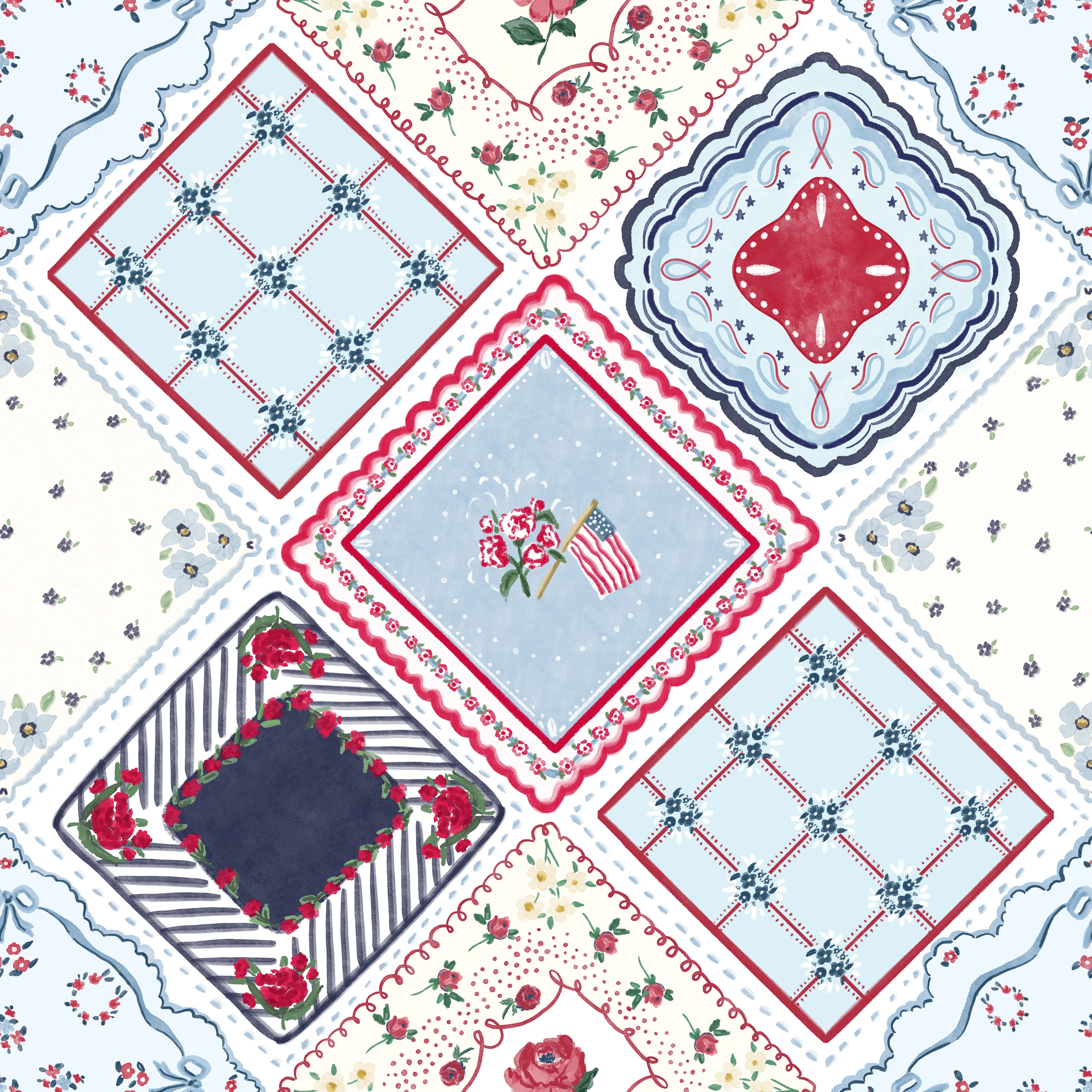 Floral keepsake hankerchief with flag white blue mix hanky