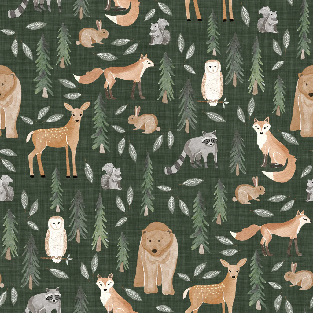 forest woodland animals-dark green linen