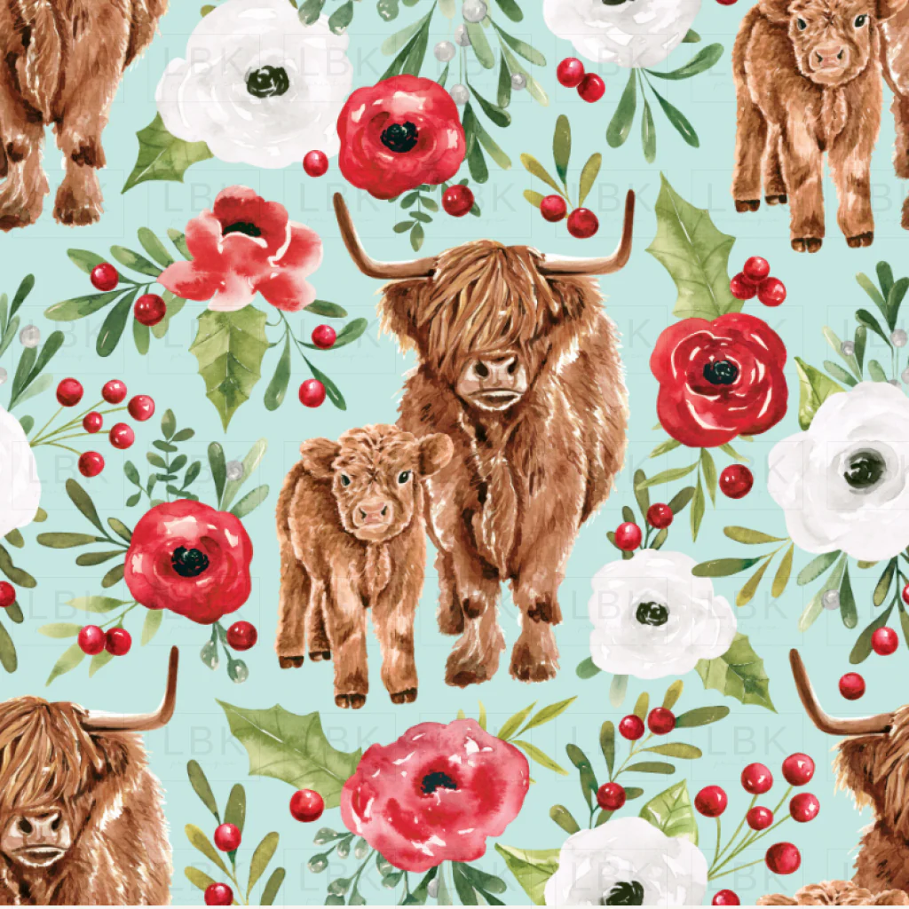 Holly and Pine Highland Cows Floral Blue