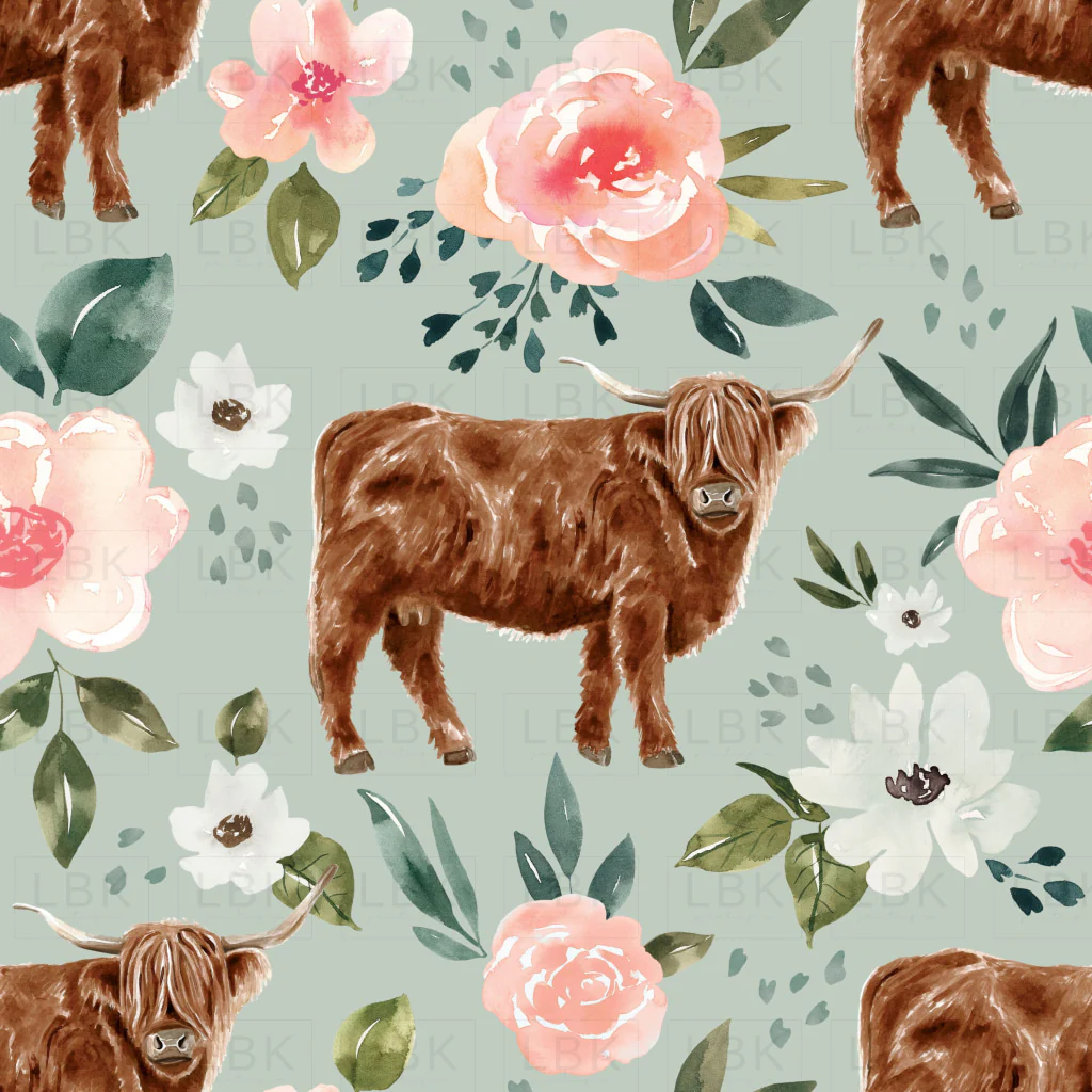 Mint Blue Vintage Spring Highland Cow Floral