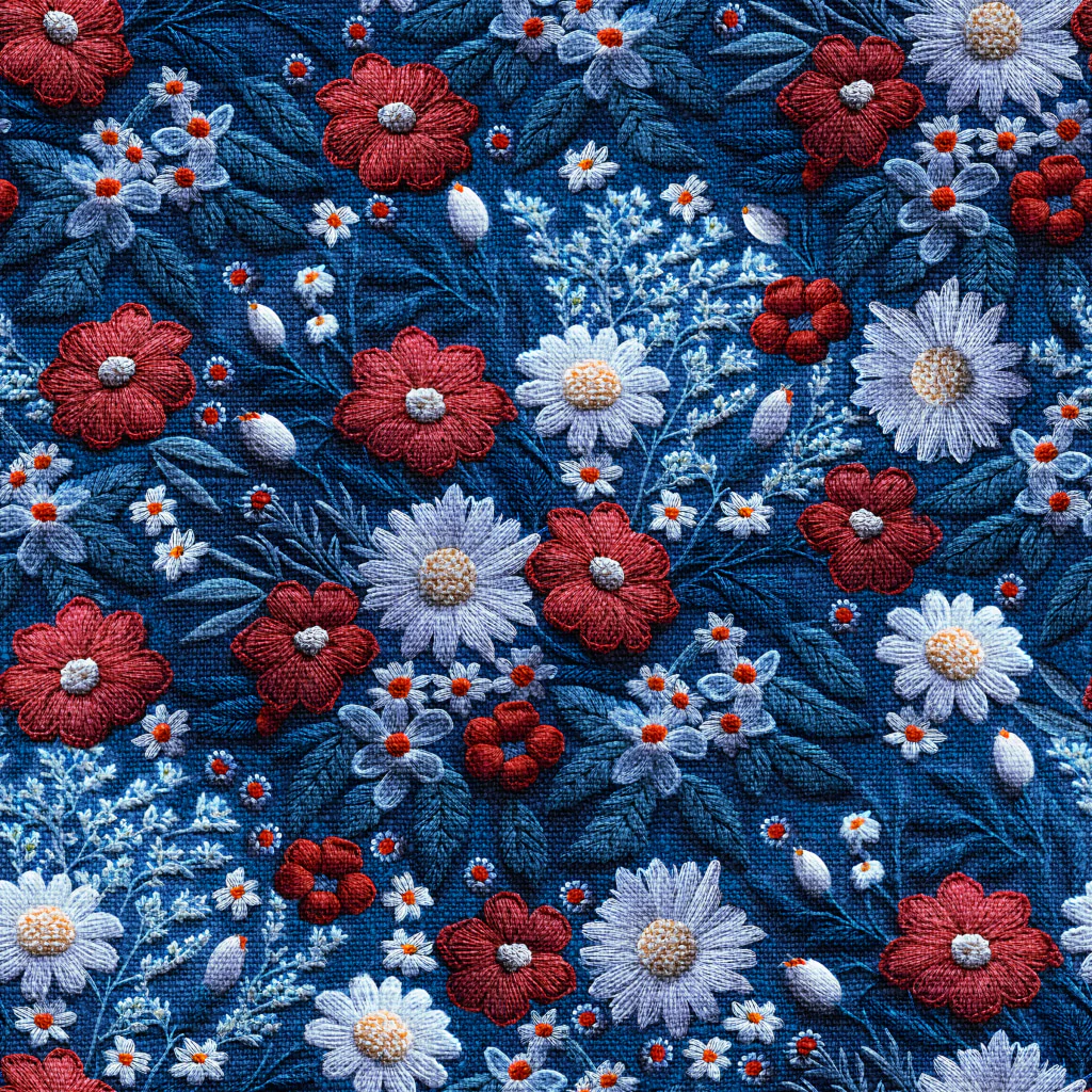Red White Blue Embroidered Floral