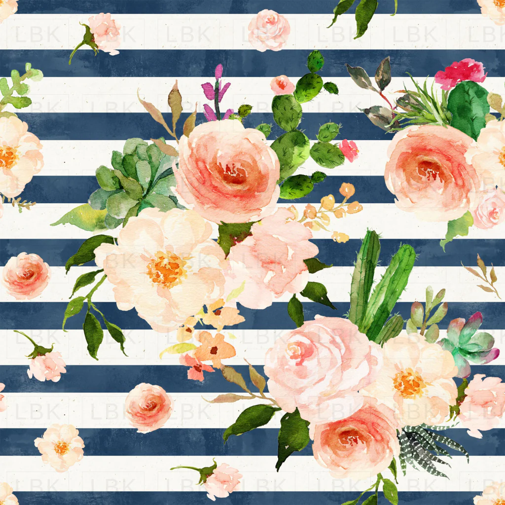 Rustic Succulent Florals on Cobalt Blue Stripes