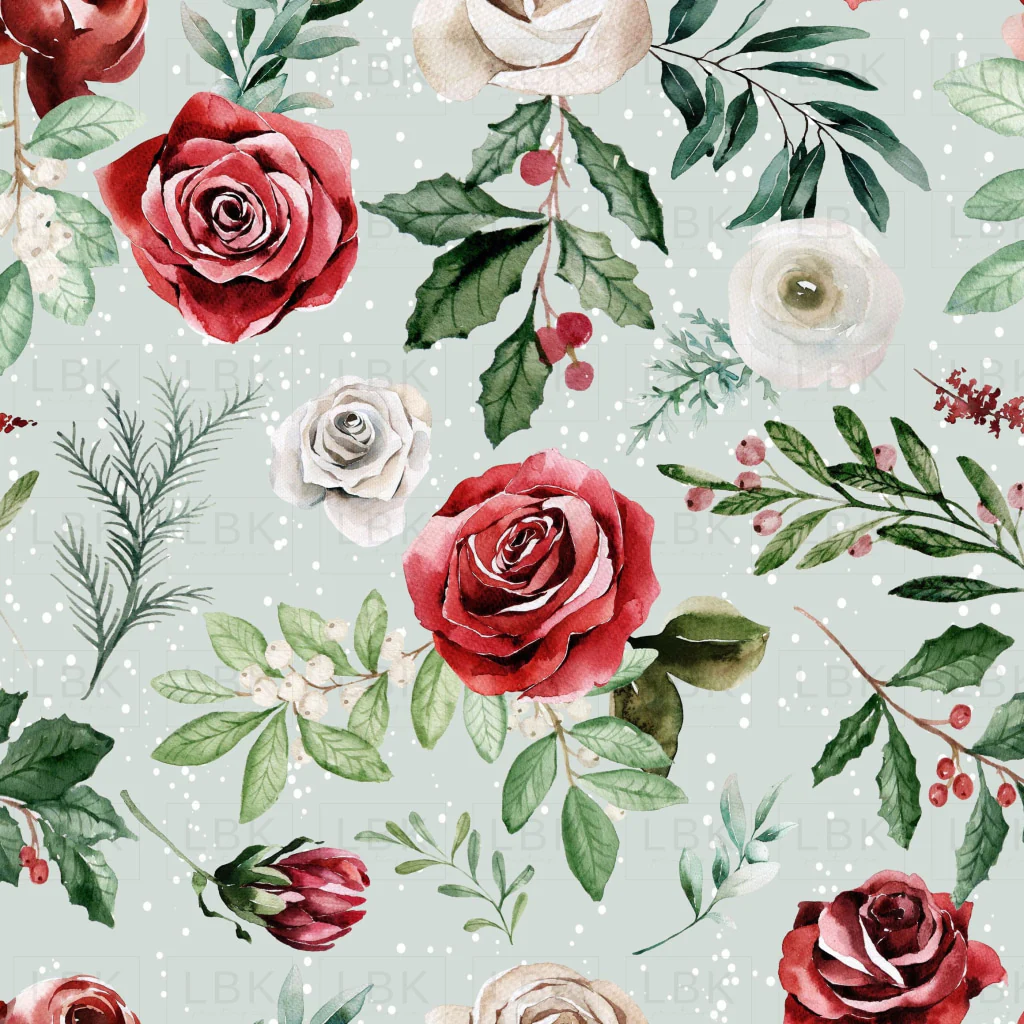 Snowy Christmas Florals on Mint Sky