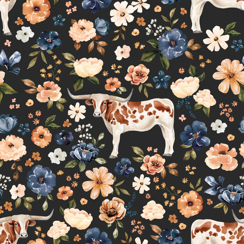 TexasLonghornCow_Floral_DarkGray