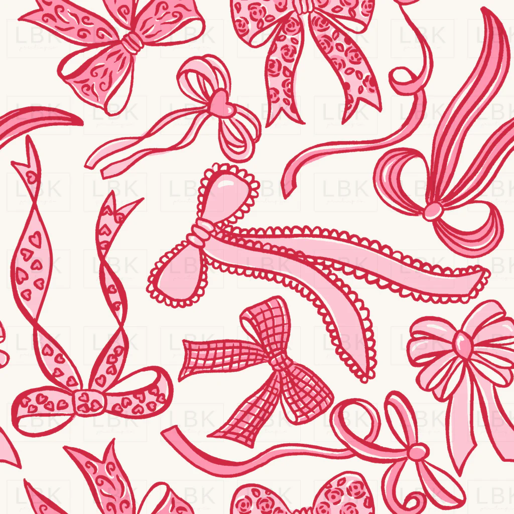 Tossed Valentine Bows Pink and Red on White