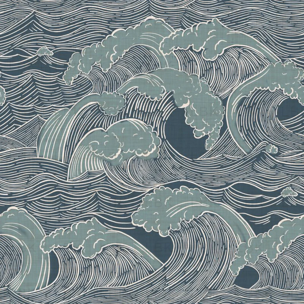 Vintage Ocean Waves in Juniper on Navy