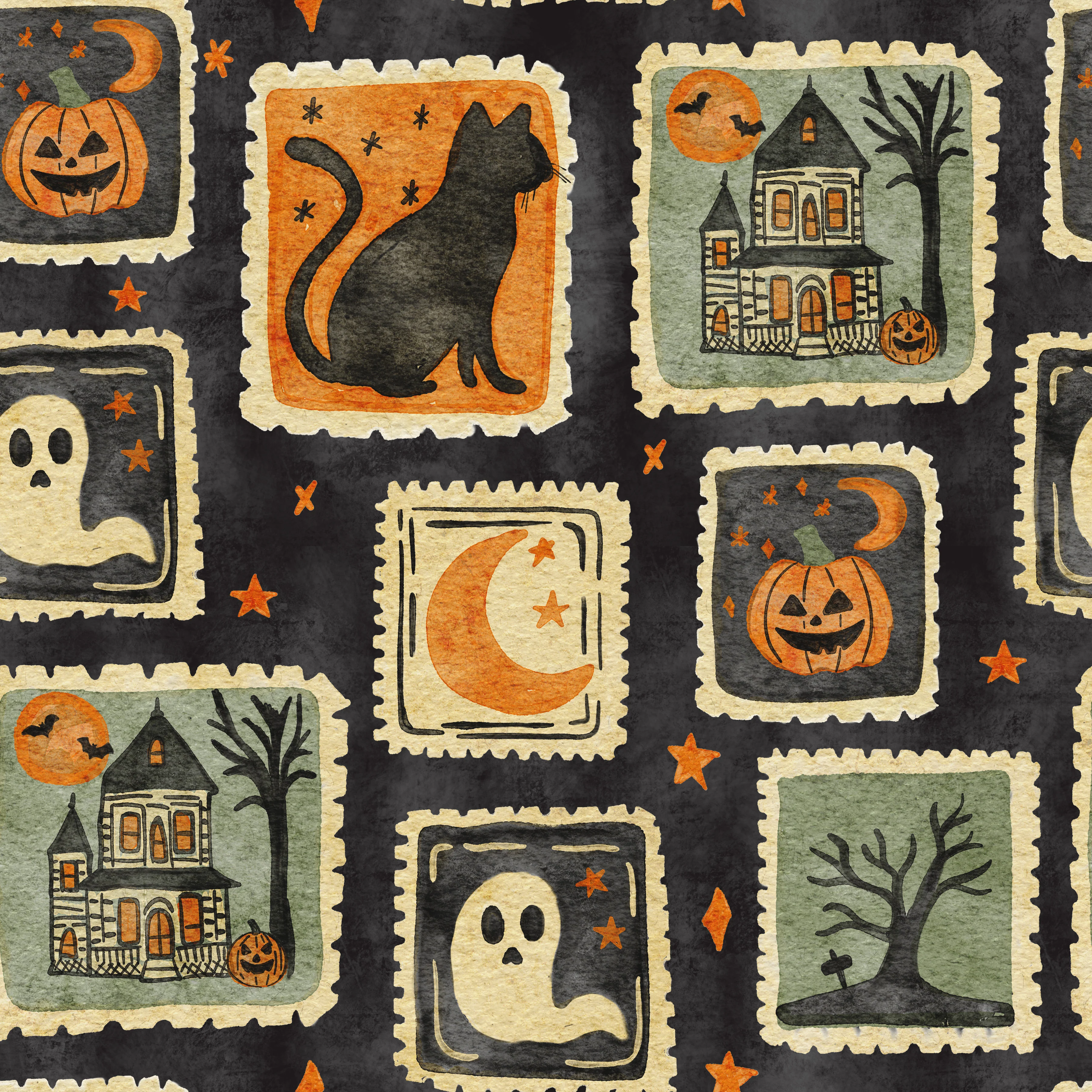 Watercolor Halloween Stamps Black Grunge
