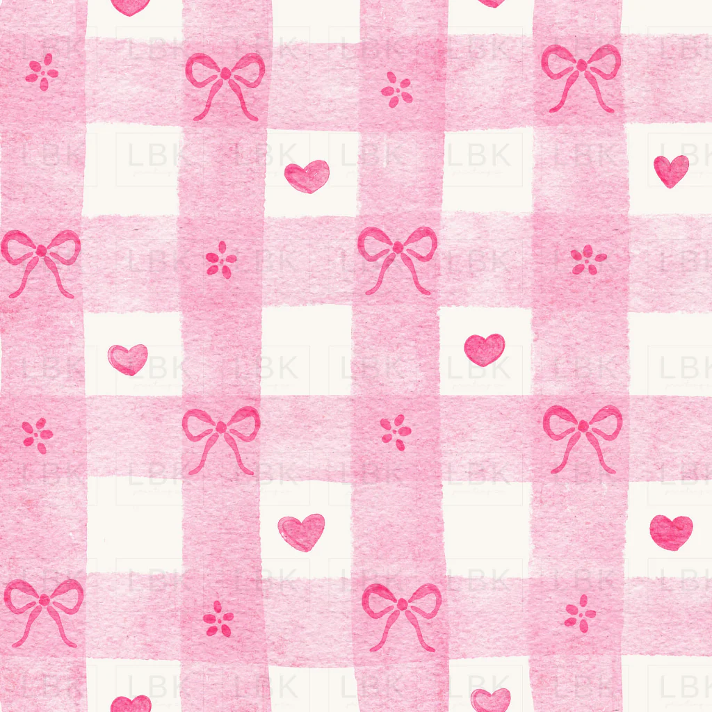 Watercolor Pink Gingham with Bows and Hearts