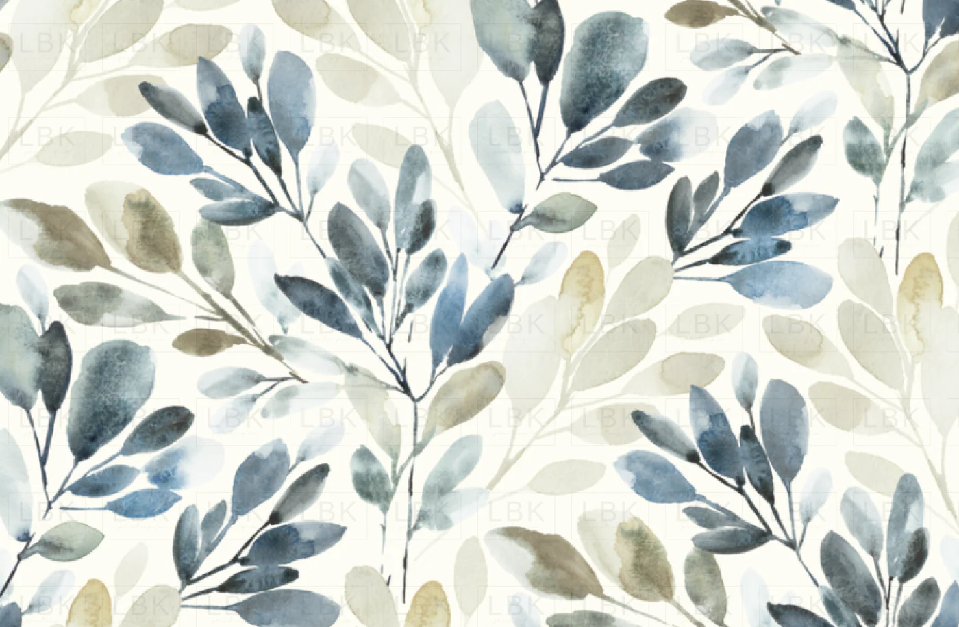 WATERCOLOR SPRIGS MUTED TAN AND BLUE ON CREAM